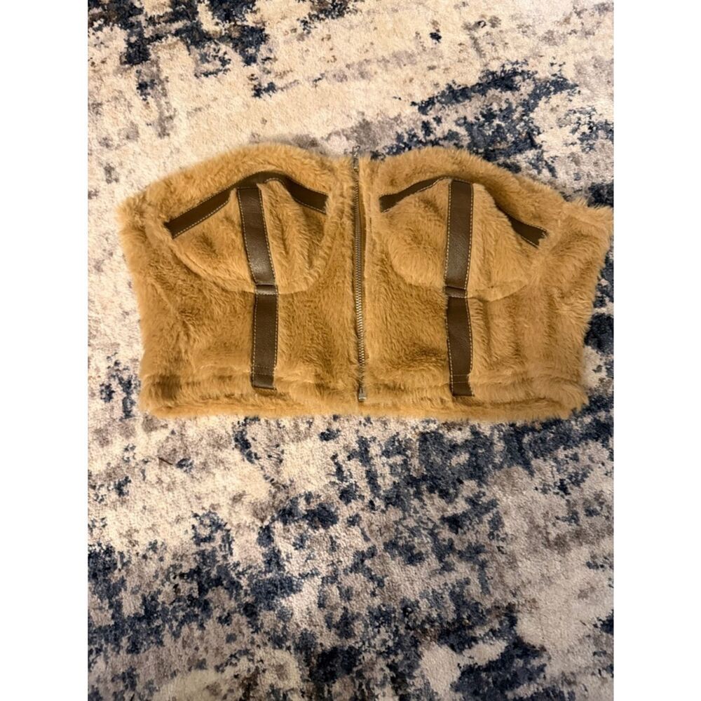 SHEIN Faux Fur Strap-Accent Crop Top in Camel